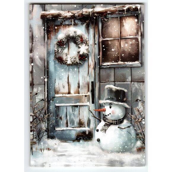 Vintage Snowman Christmas Wreath Lithograph Postcard 5.5x4 Inches - Picture 1 of 2